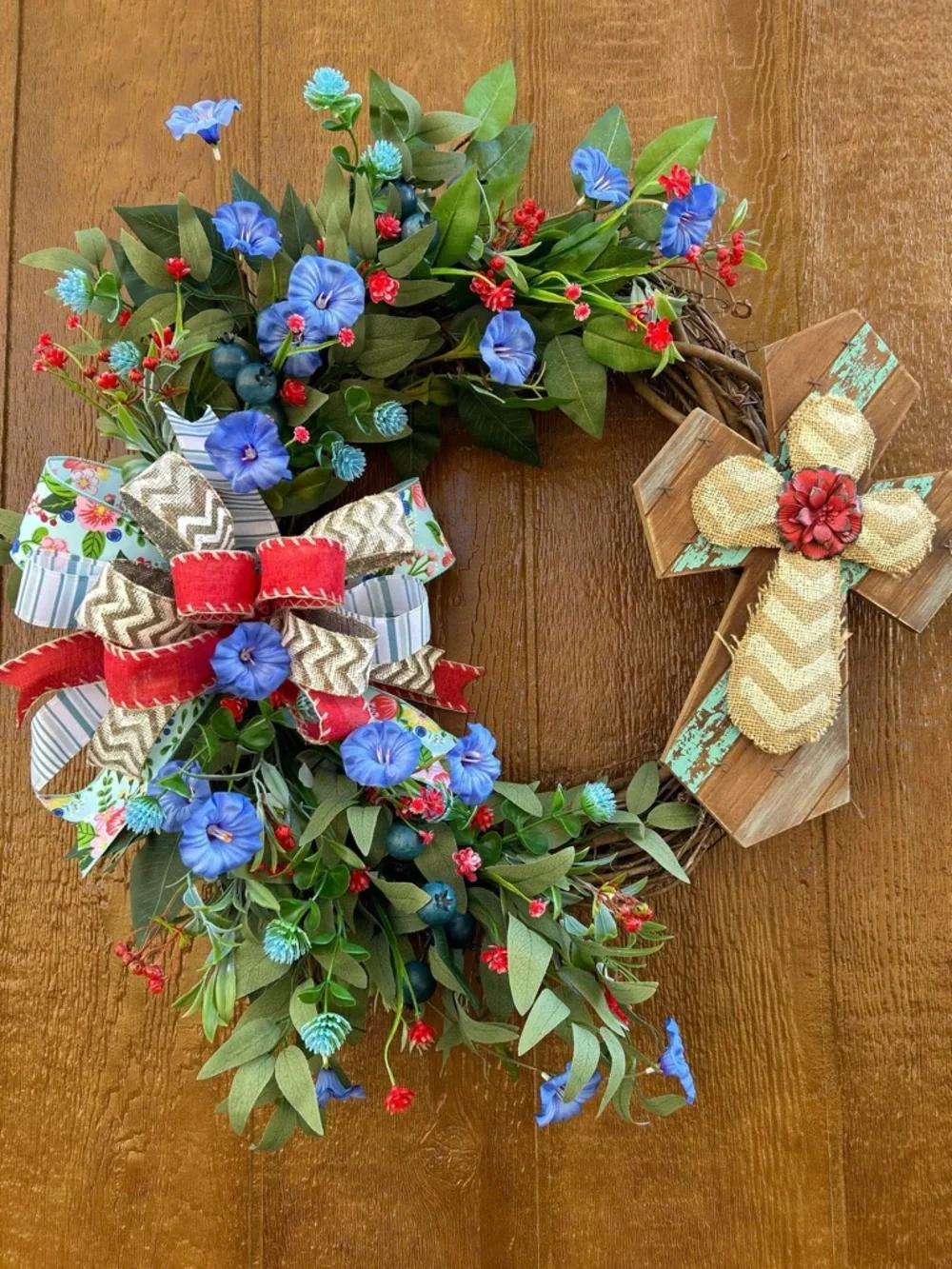 Handmade “Everyday” Blue Floral Wreath with Red Accents and Rustic Cross